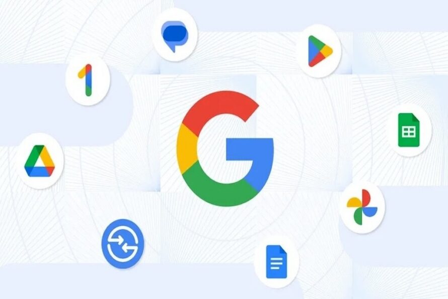 Google logo on a light blue background with Google tool icons arrayed around it.