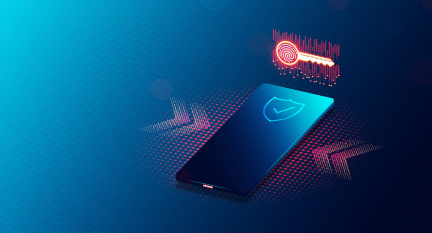 Black smartphone with a blue shield displayed at the top with a gold key suspended above the phone.