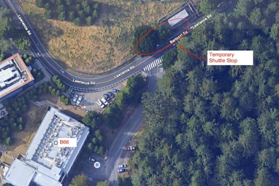 Aerial view of Building 66 with markings indicating the temporary shuttle stop on Bertozzi Road.