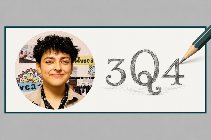 Headshot of Bryan Ochoa Mendez against a beige and grey background with the text, "3Q4" written on it in a pencil sketch font with a pencil in the upper right touching the "4"