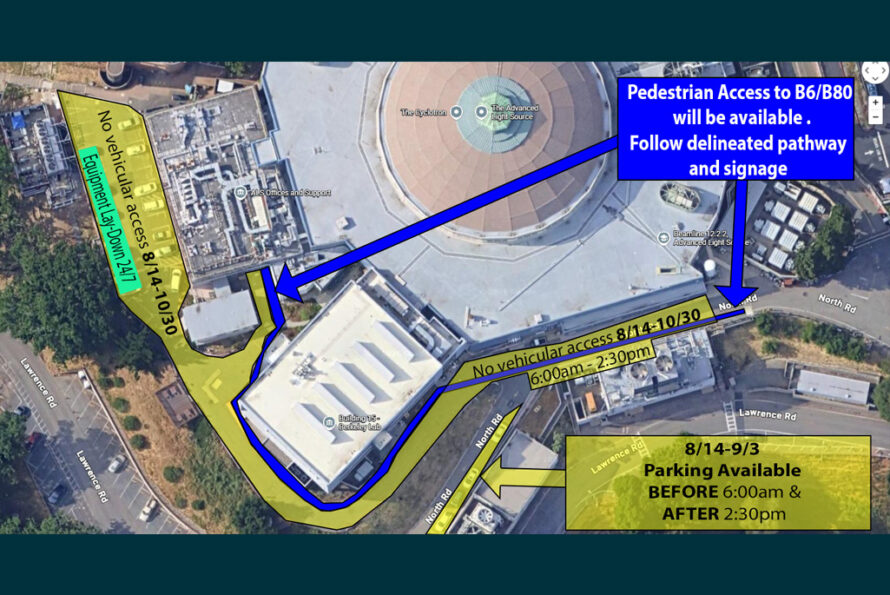Aerial view of the area surrounding the Advanced Light Source with markings indicating road and parking lot closures and pedestrian detours.