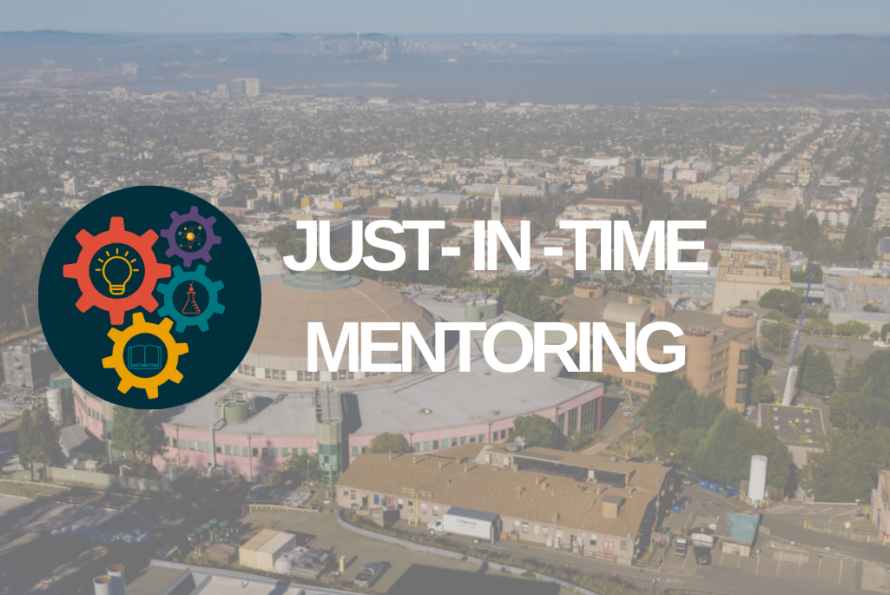 Multi-colored icon of mechanical gears at left beside white words "Just-In-Time Mentoring" superimposed over aerial photo of Berkeley Lab.