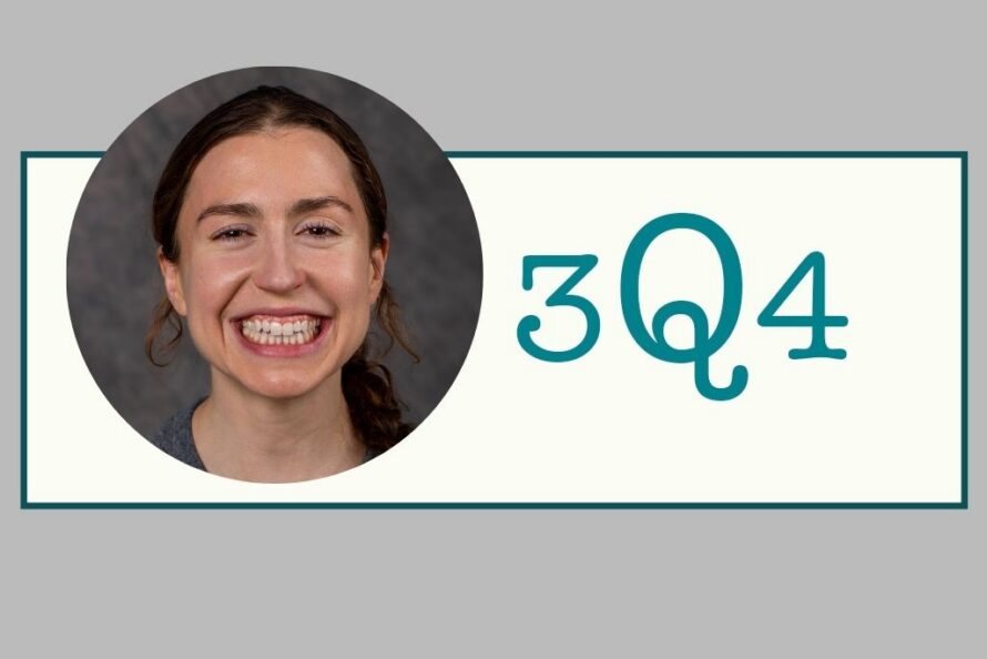 Headshot of Katie Klymko against a beige and grey background with the text, "3Q4" written on it.