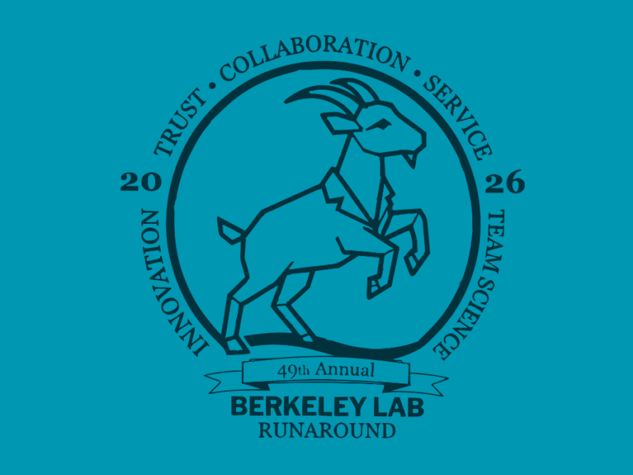 T-shirt design includes a goat in a lab coat surrounded by the Lab's Stewardship values (Trust, Collaboration, Service, Team Science, Innovation) and the words 49th Annual Berkeley Lab Runaround