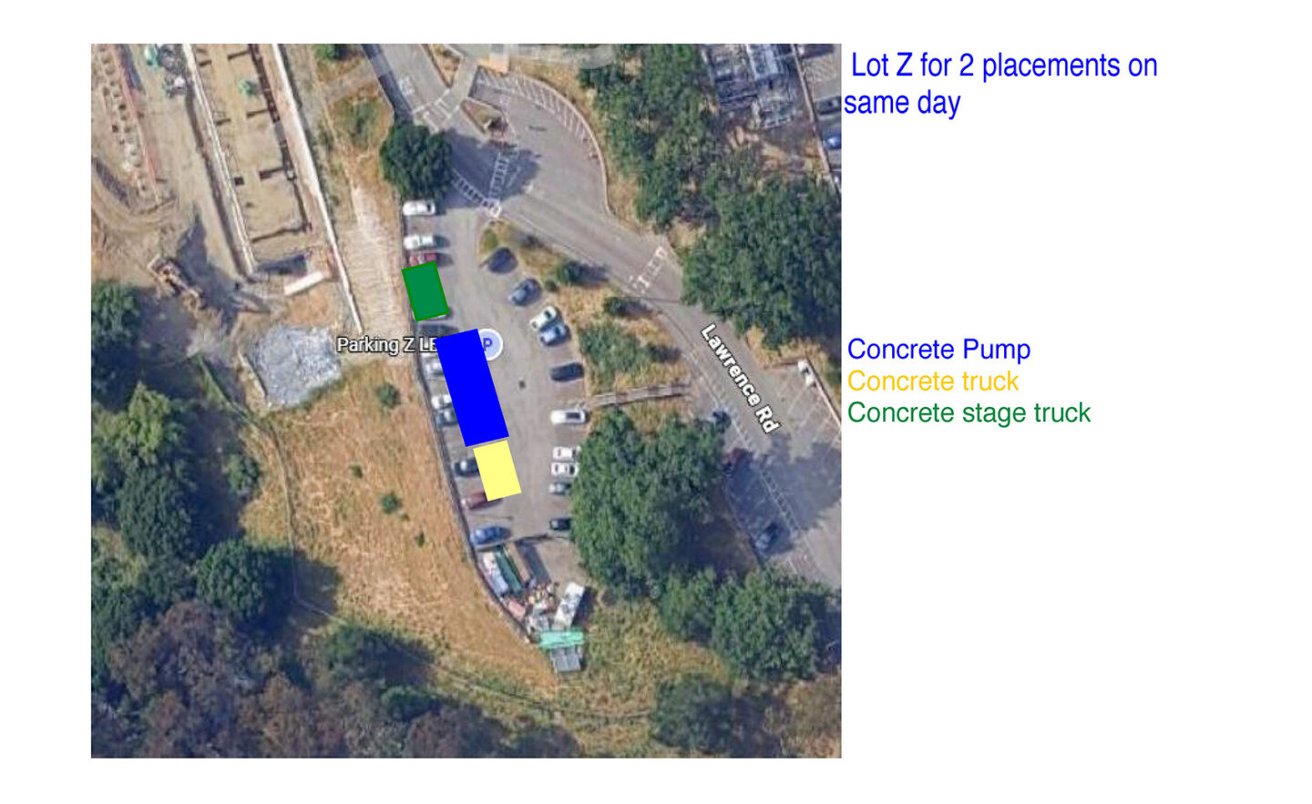 Aerial map view of Parking Lot Z with icons indicating concrete pump, concrete truck, and concrete stage truck placements.