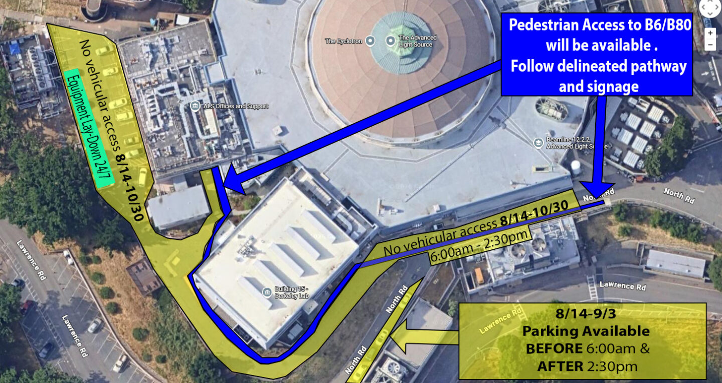 Aerial view of the area surrounding the Advanced Light Source with markings indicating road and parking lot closures and pedestrian detours.