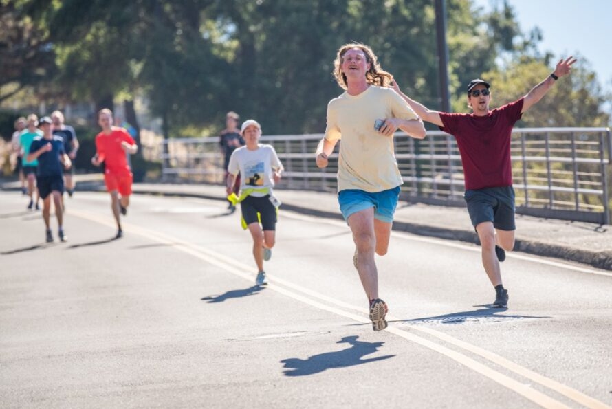 Several runners approach the camera during the 2025 Runaround event