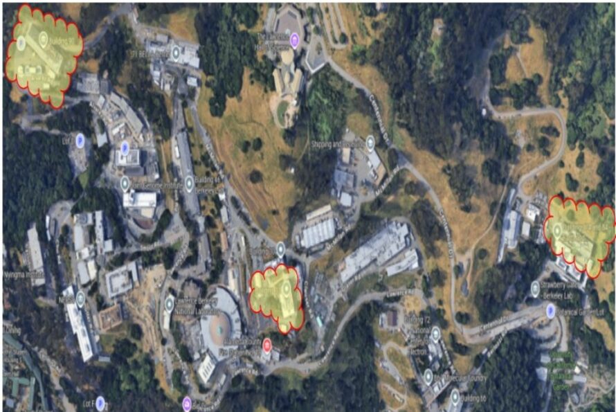 Aerial view of Berkeley Lab with yellow highlights indicating where speaker systems test will be conducted.