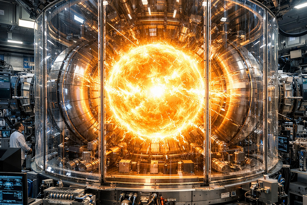 High tech lab harnesing the power of the sun in a high tech ultra realistic lab harnesing the power of the sun in a fusion reactor with a bright fusion reactor with clear panels
