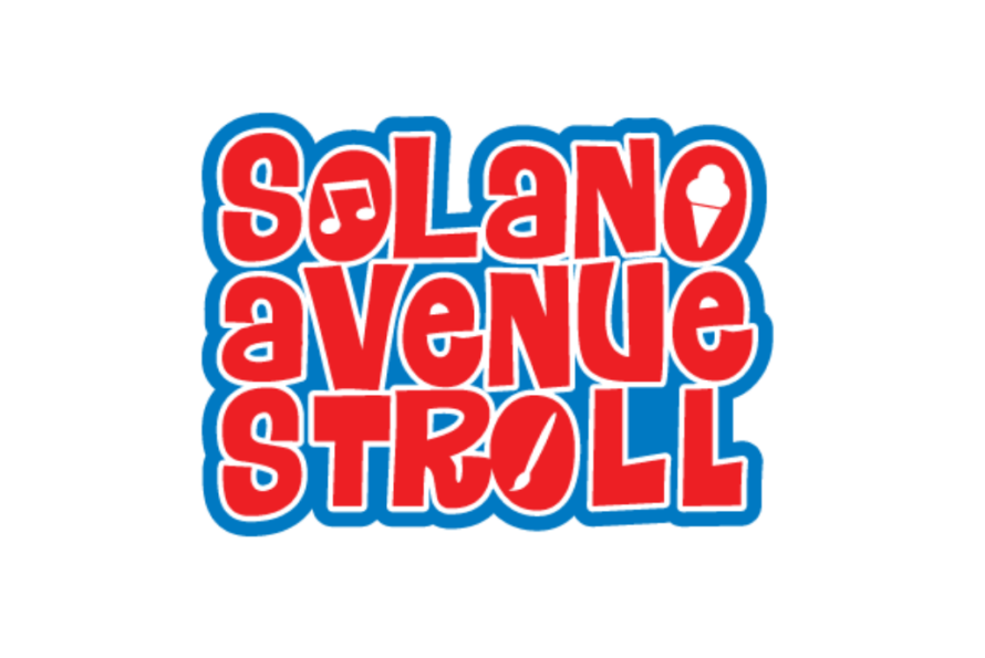 Red Words "Solano Avenue Stroll" outlined in blue in a large playful font.