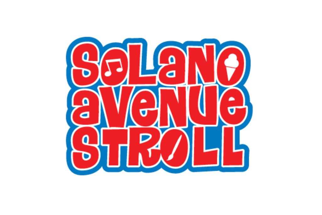 Red Words "Solano Avenue Stroll" outlined in blue in a large playful font.