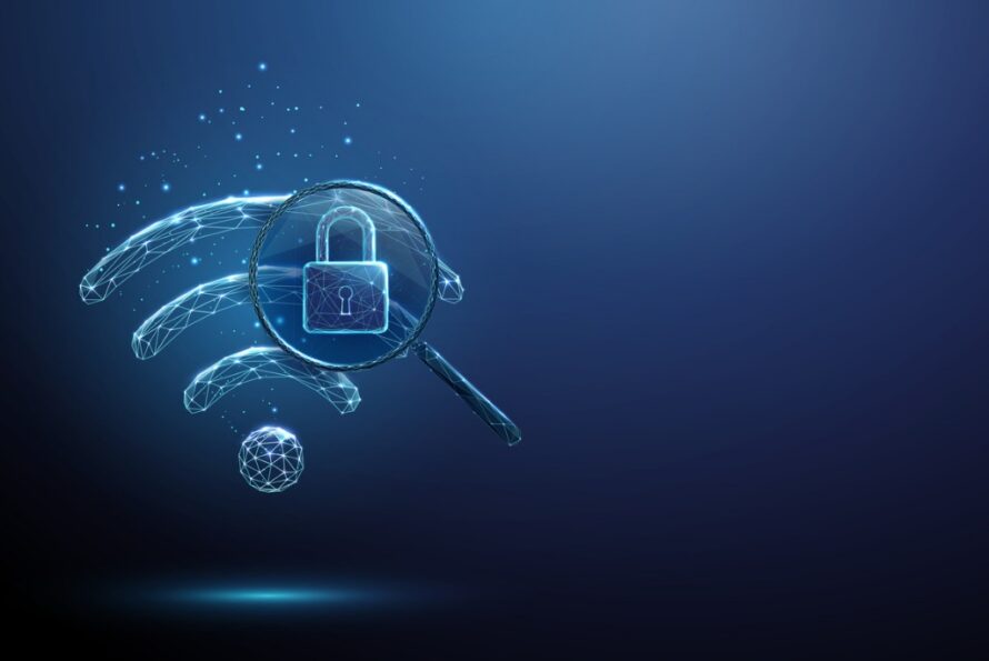 Wi-Fi icon with padlock icon superimposed on it against a dark blue background, all indicating cyber security.