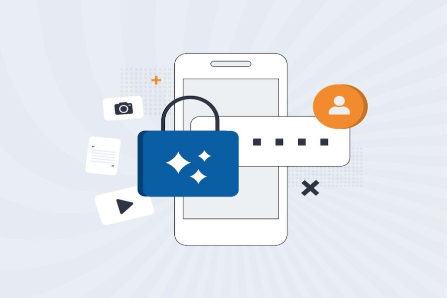 Line drawing of smartphone with blue padlock icon superimposed over it against a gray and white burst pattern background.