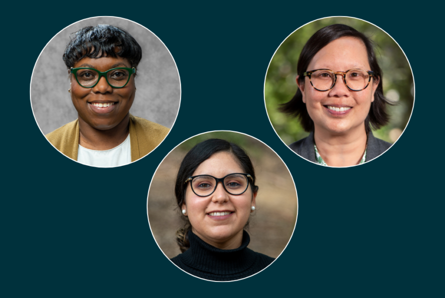 Collage of three portraits of Faith Dukes, Joselyn Delgado, and Jenn Tang, against a navy background.