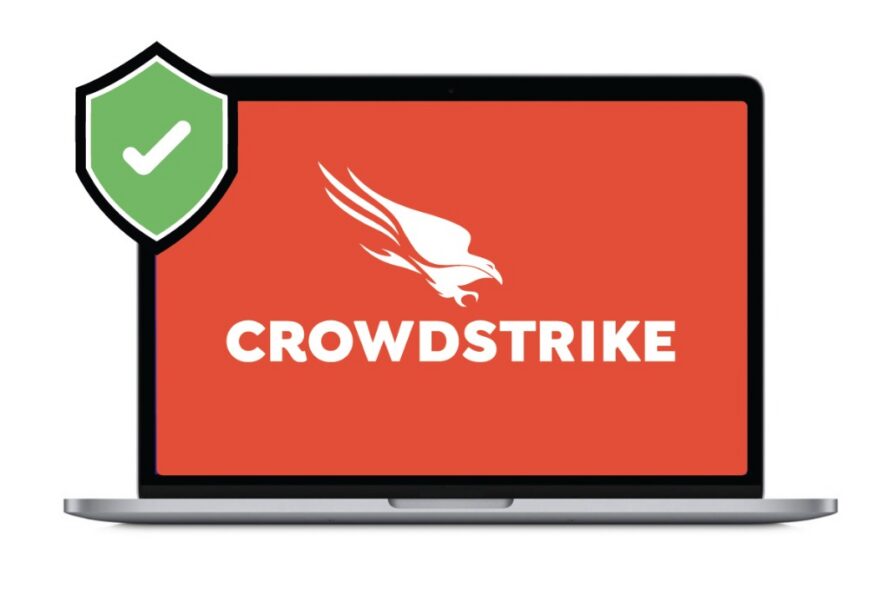 White CrowdStrike logo overlaid on dark orange background.