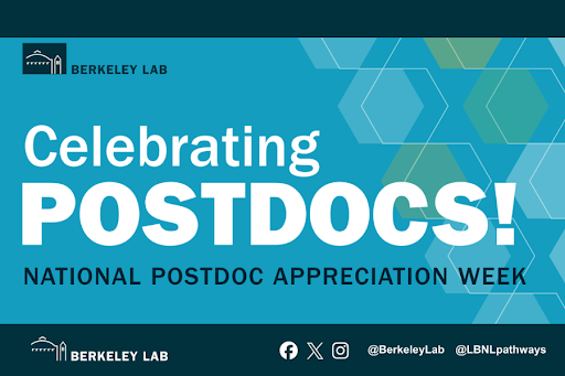 Postdoc recognition image with words "Celebrating Postdocs! National Postdoc Appreciation Week" against blue background with stylized DNA strand.