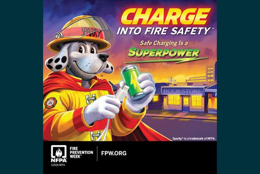 Fire Prevention Week poster featuring a dog in a firefighter suit and helmet, a red cape, and holding a green battery. Text reads Charge into Fire Safety: Safe Charging is a Superpower.