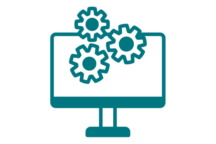 Gears and computer screen icon in teal