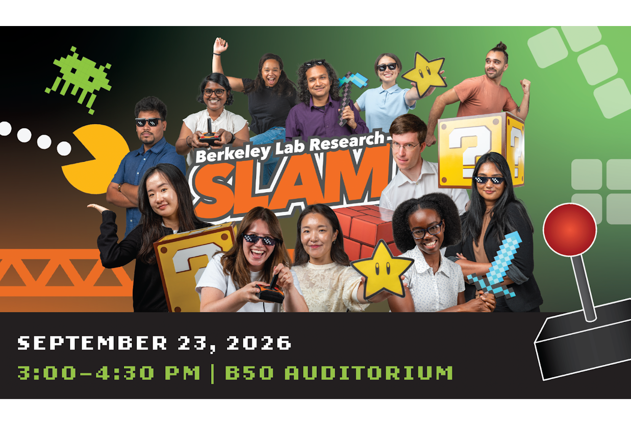 Poster with images of people and the words research slam
