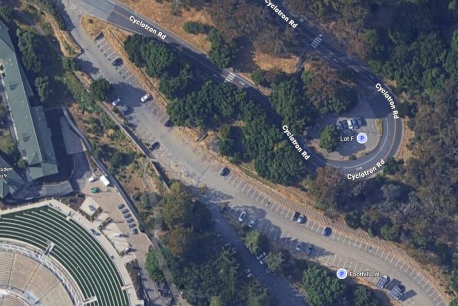Aerial view of Foothill Lot where storm preparation and V-ditch repairs are taking place starting Sept. 28 for three weeks.