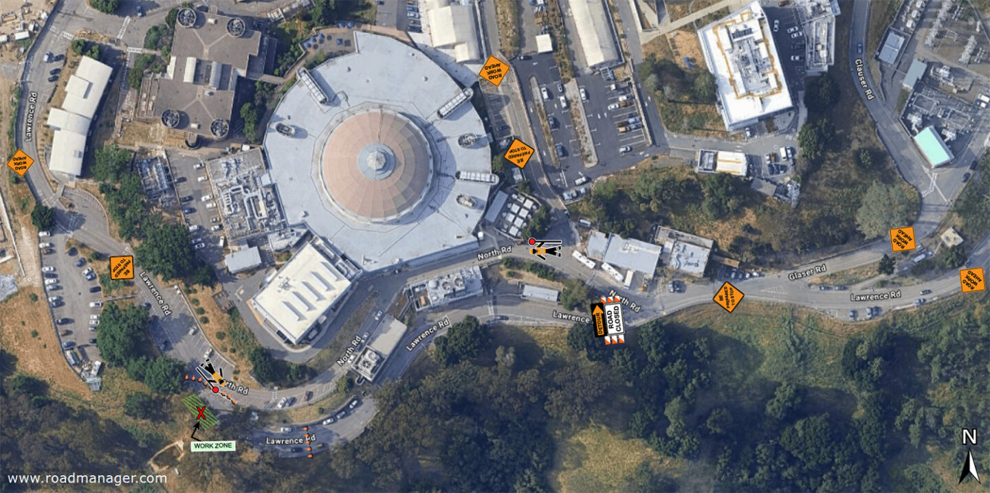 Aerial view of the Advanced Light Source and surrounding area with orange diamond icons indicating traffic impacts.