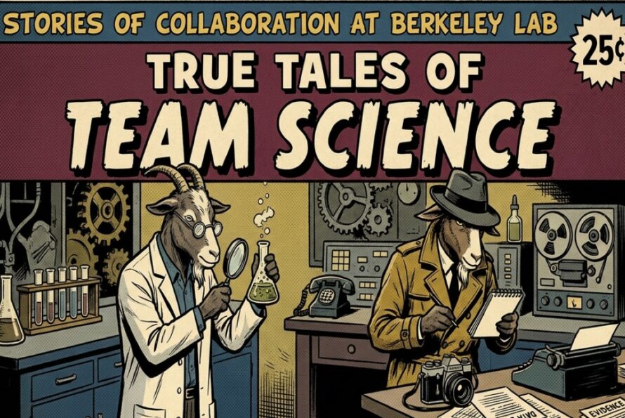 Vintage comic-style poster titled “Stories of Collaboration at Berkeley Lab: True Tales of Team Science,” featuring two goats conducting scientific research and documenting evidence in a lab.