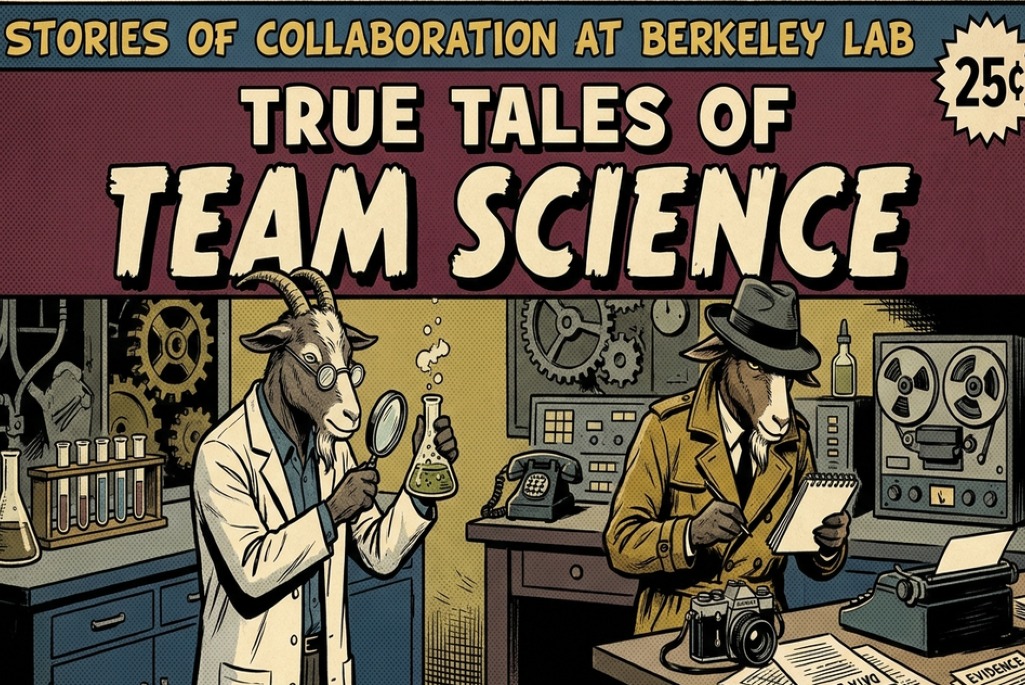 Vintage comic-style poster titled “Stories of Collaboration at Berkeley Lab: True Tales of Team Science,” featuring two goats conducting scientific research and documenting evidence in a lab.