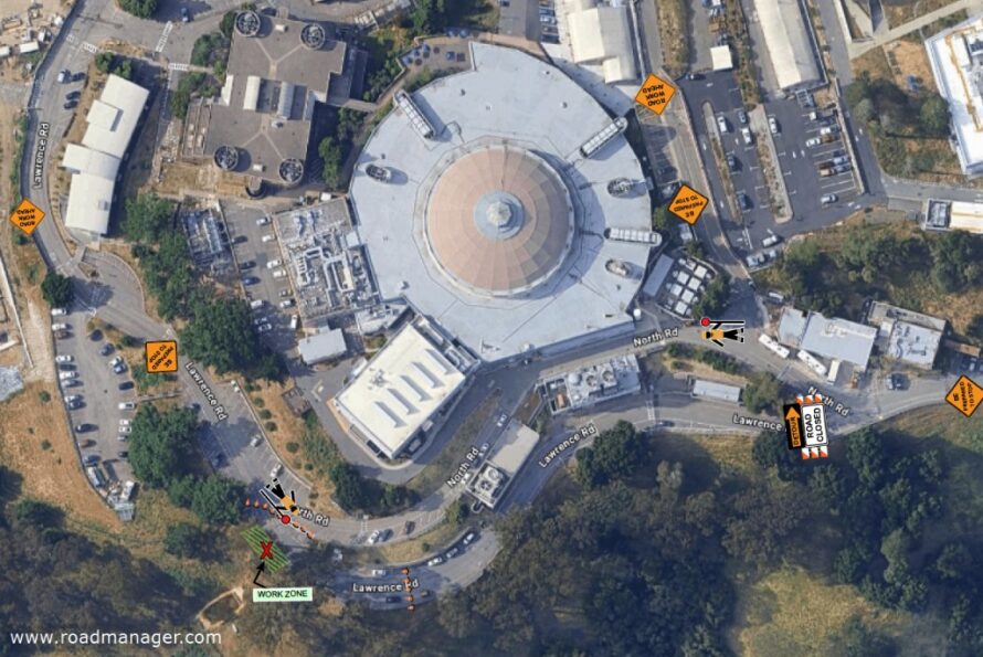 Aerial view of the Advanced Light Source and surrounding area with orange diamond icons indicating traffic impacts.
