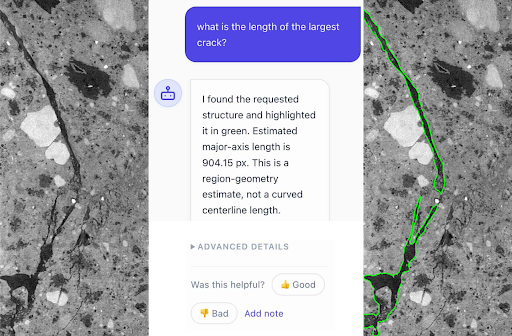 Open software window of Berkeley Lab’s new Zenesis platform overlaid on magnified view of highlighted crack in surface.