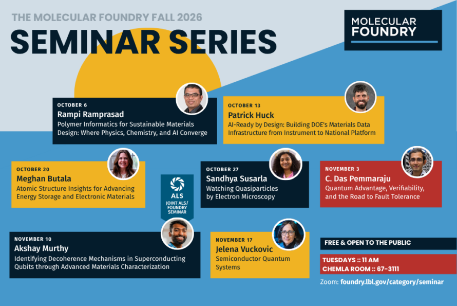 Seven portraits of speakers overlaid on background including the Molecular Foundry logo and the words "Seminar Series".