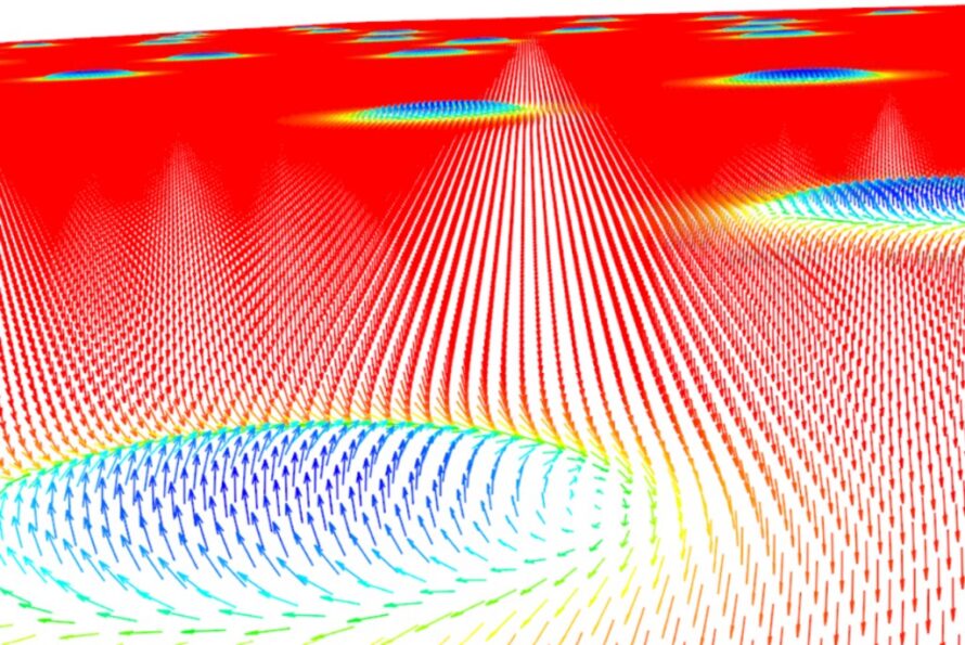 Stacked layers of red, white, blue, green, and yellow bits forming a 3D topography.