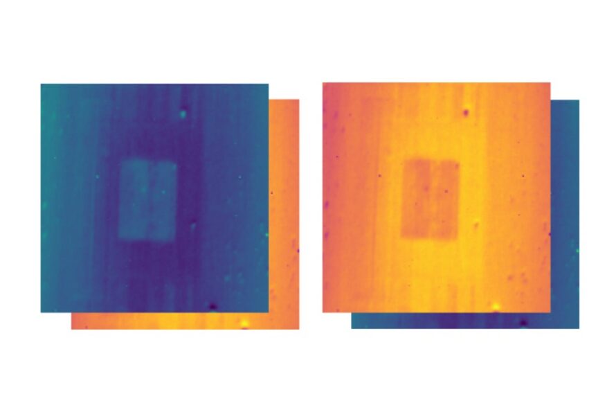 Two laser beamline images of a dark blue square overlapping yellow-orange square and a yellow-orange square overlapping a dark blue square.