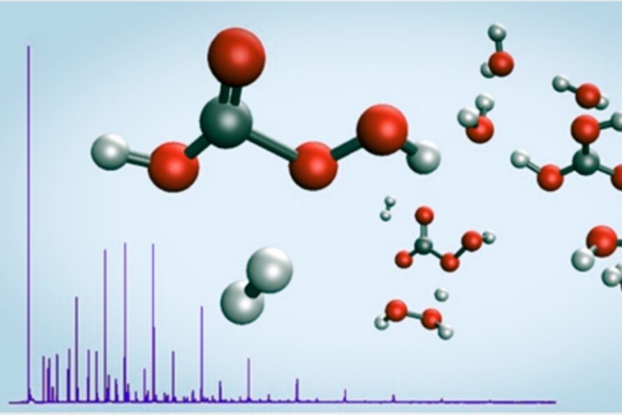 Multiple red-and-gray molecular structures floating above chart with purple markers beginning high on vertical axis and decreasing in size across the horizontal axis.