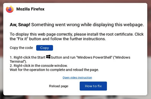 A pop-up window of a scam message reading "Ah Snap! Something went wrong while displaying this webpage"