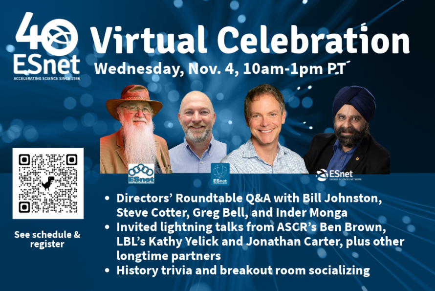Four headshots with words "40 ESnet Virtual Celebration" overlaid on dark blue background.