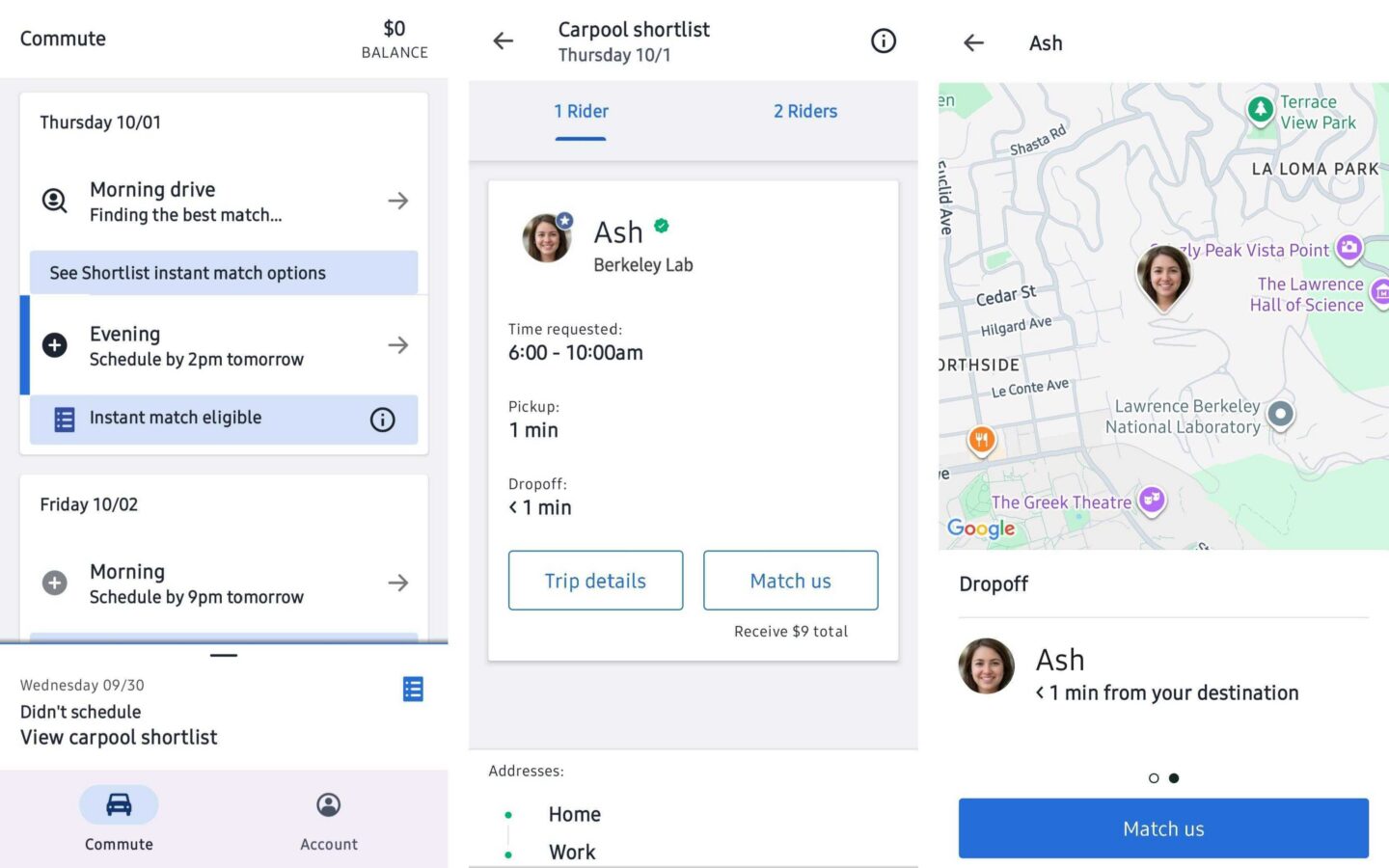 Three carpool-app screens show a commute schedule, a shortlist profile for Ash from Berkeley Lab, and a Berkeley map with Ash’s drop-off location.