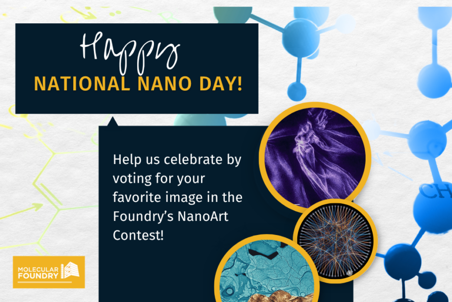 Words "Happy National Nano Day" and circular images of nanoart overlaid on stylized molecular background.