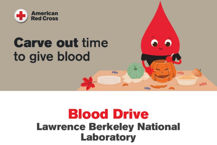 Red cartoon blood drop carving a pumpkin resting on a table with words "Carve out time to give blood" overlaid on tan background with American Red Cross logo at top right.