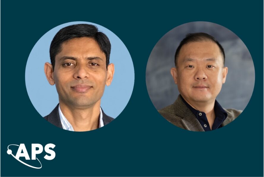 Two circular portrait headshots of APS Fellows overlaid on dark teal background.
