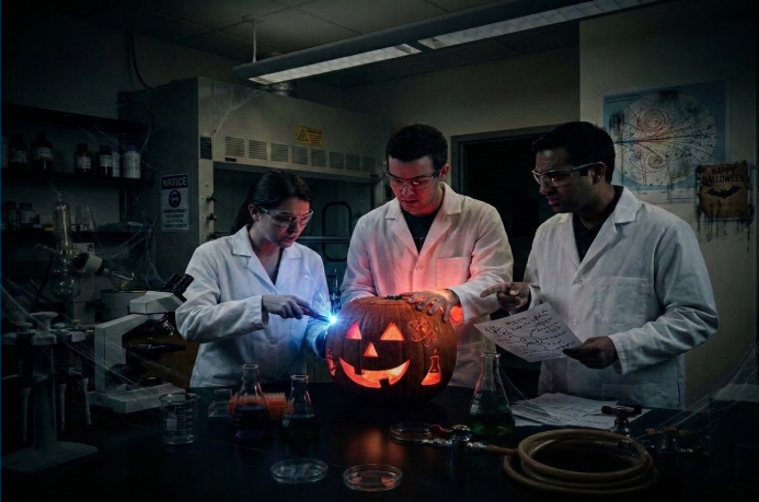 Three scientists wearing white lab coats standing in darkened lab carving a lighted pumpkin.