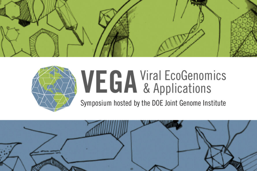 VEGA logo with words "Viral EcoGenomics & Applications centered over illustration of bioscience symbols.