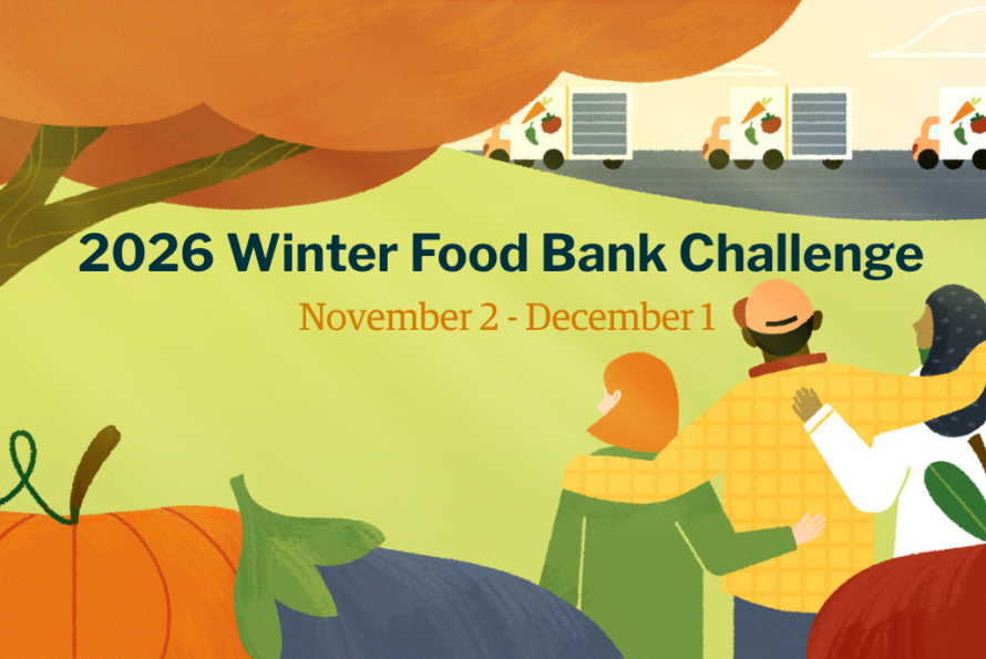 illustration of three people waving at trucks delivering food; includes the words "2026 Winter Food Bank Challenge" and "November 2 - December 1"