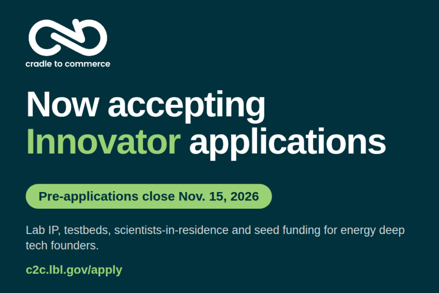 Cradle to Commerce announcement of open application process with words "Now Accepting Innovator Applications" against a black background
