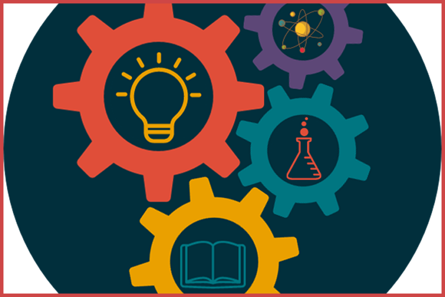 Interlocking gears of varying color and size containing icons of light bulb, beaker, book, and outer space.